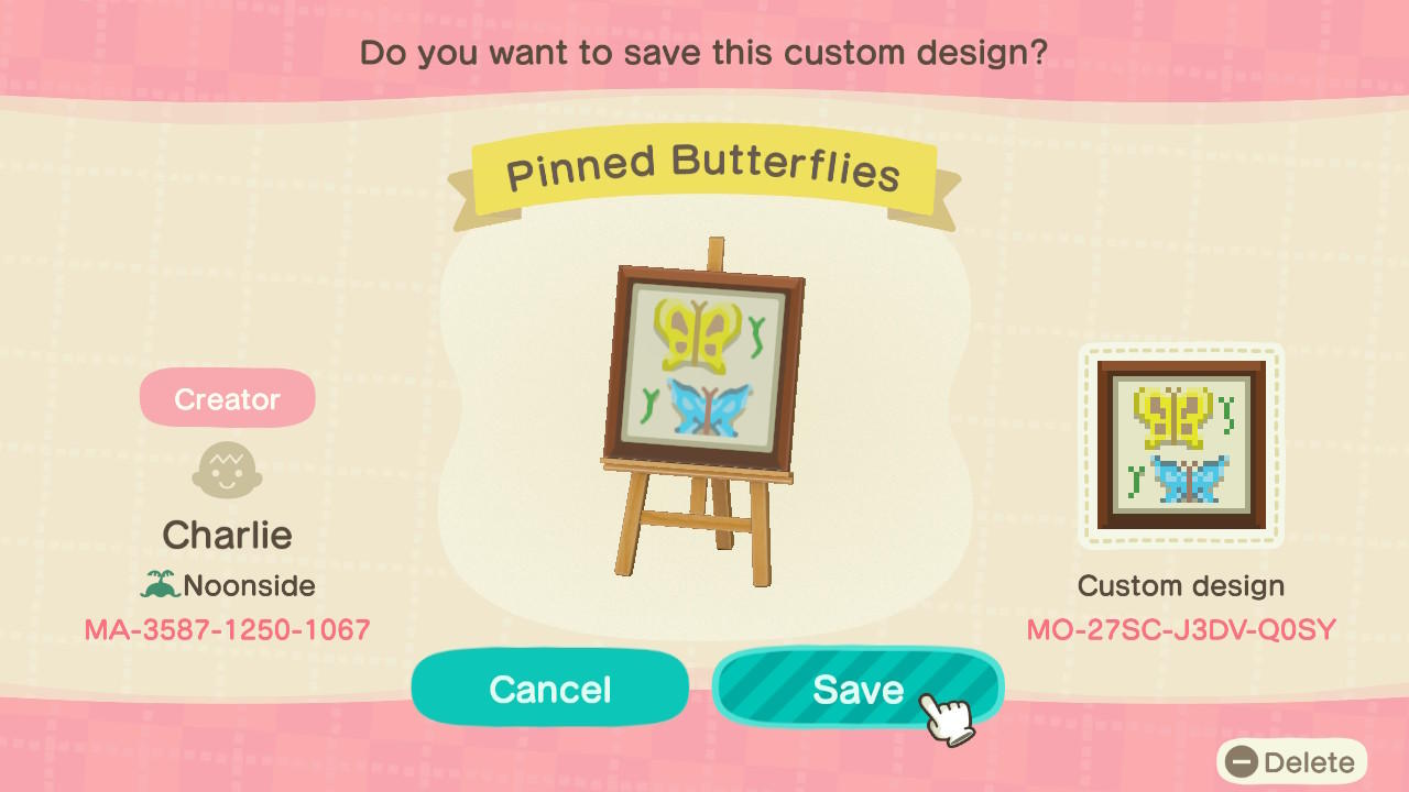 Animal Crossing Design Code: MO-27SC-J3DV-Q0SY Pinned Butterflies