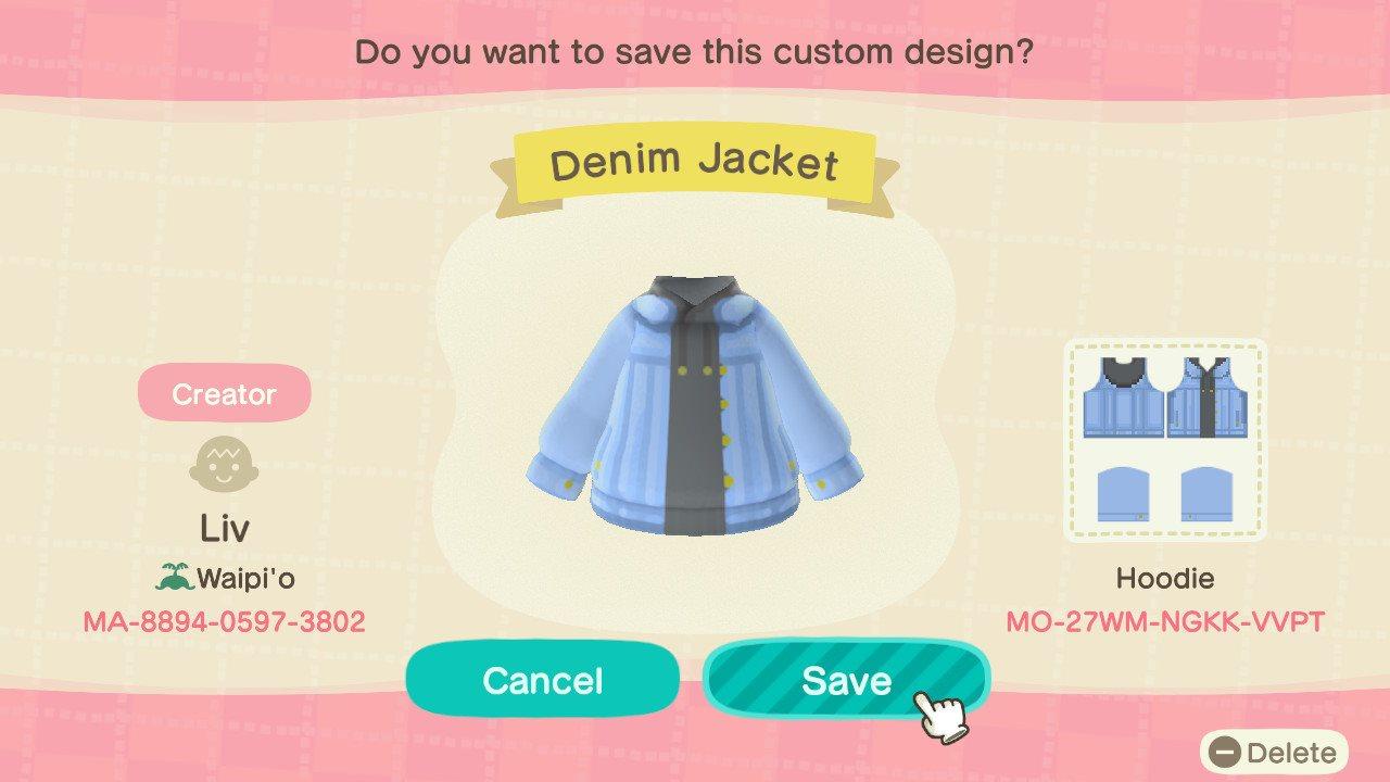 Animal Crossing Design Code: MO-27WM-NGKK-VVPT Denim Jacket