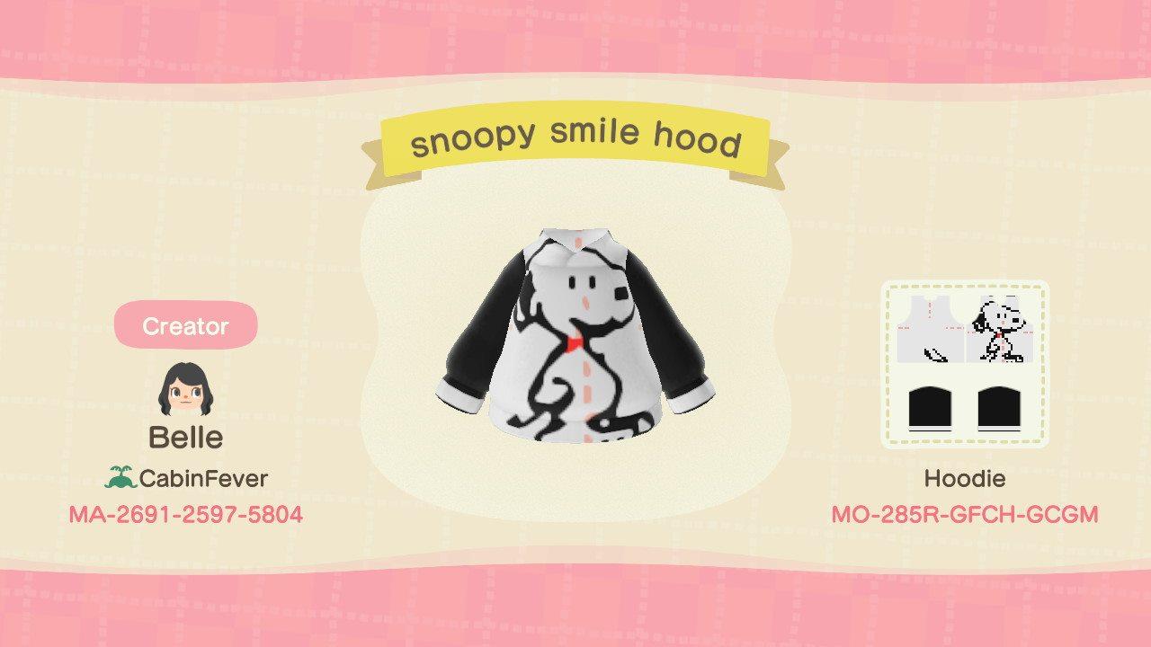 Animal Crossing Design Code: MO-285R-GFCH-GCGM snoopy smile hood