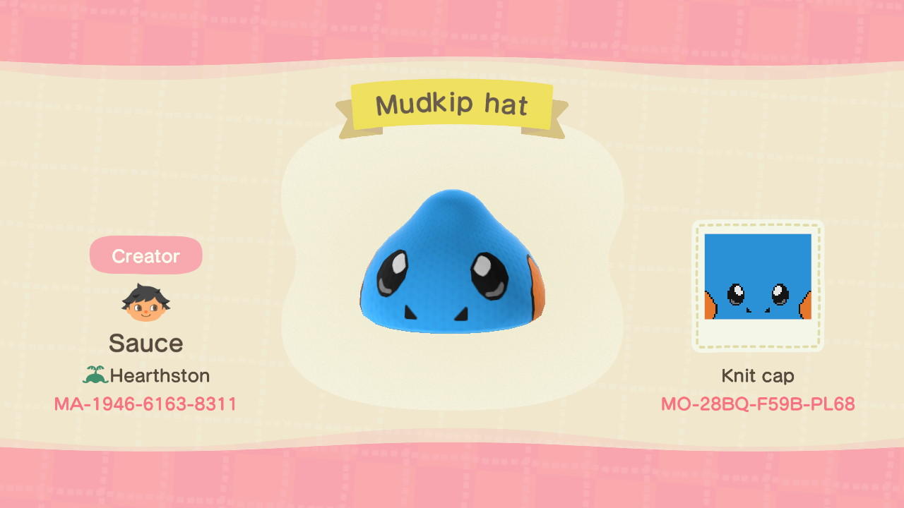 Animal Crossing Design Code: MO-28BQ-F59B-PL68 Mudkip Hat