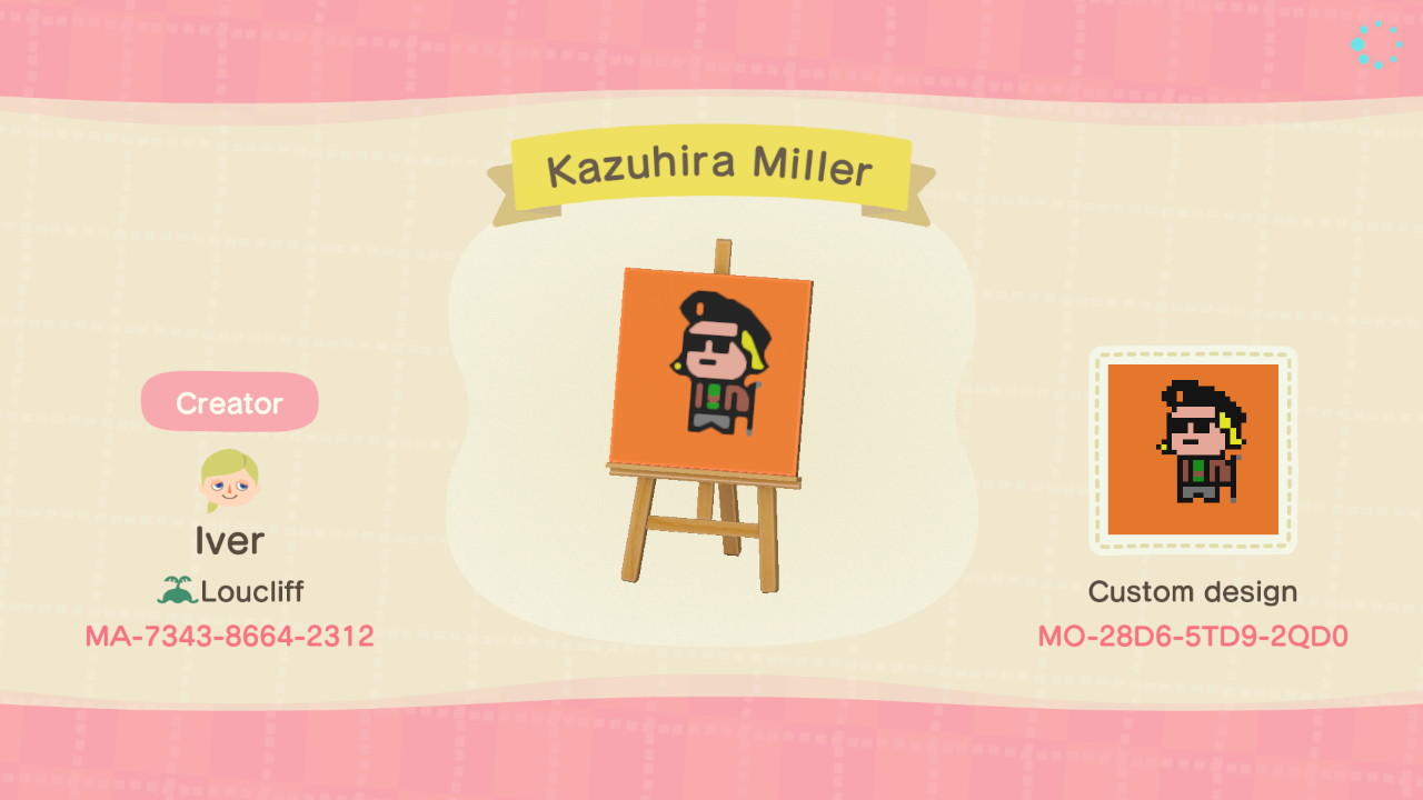 Animal Crossing Design Code: MO-28D6-5TD9-2QD0 Kazuhira Miller