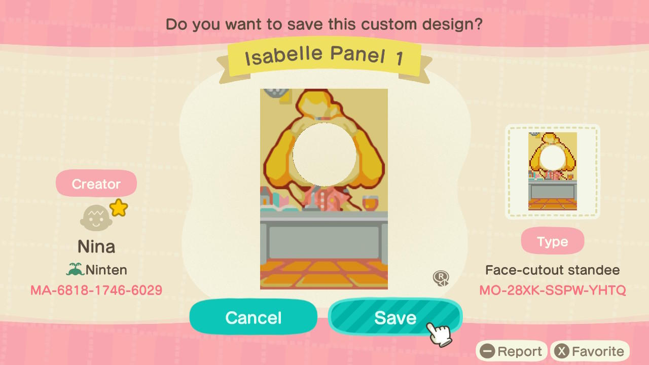 Animal Crossing Design Code: MO-28XK-SSPW-YHTQ Isabelle Panel 1