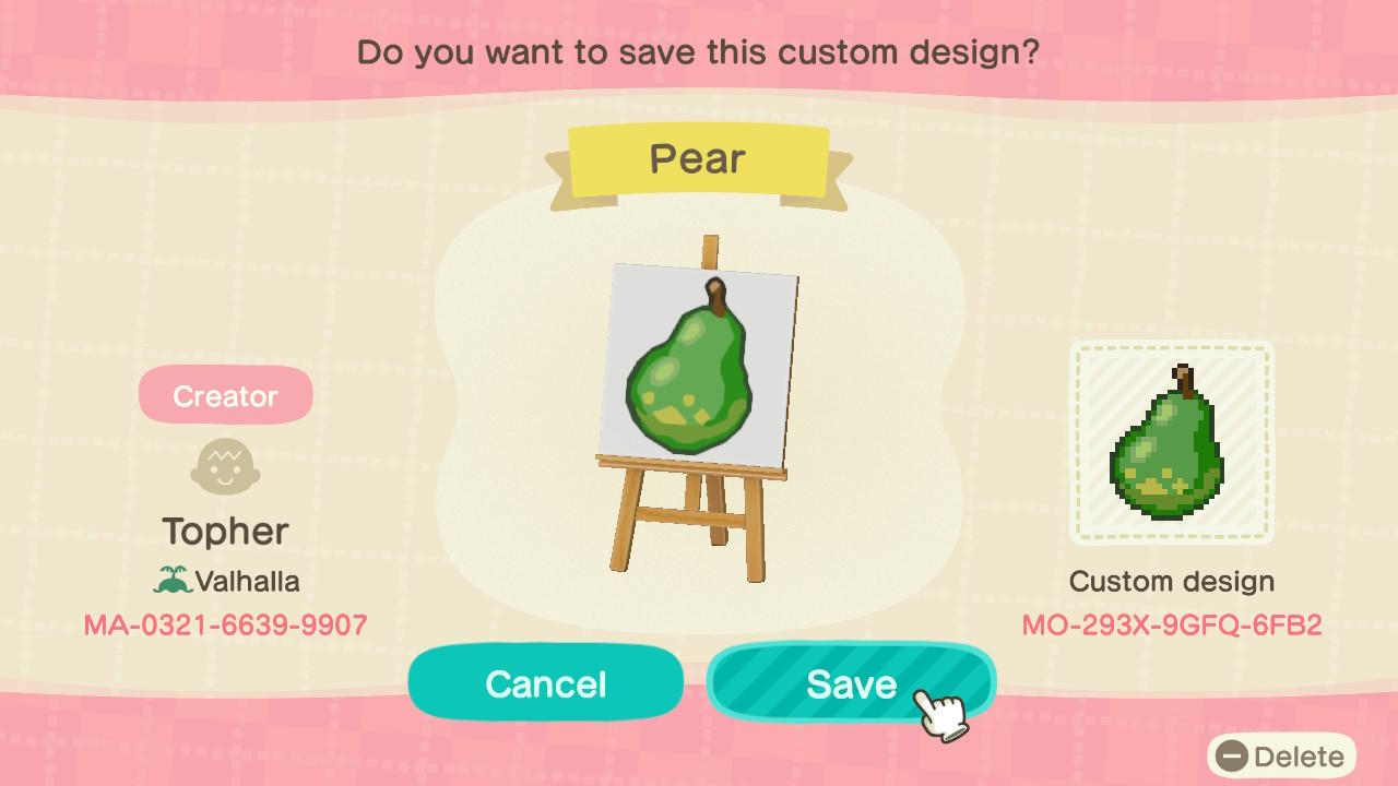 Animal Crossing Design Code: MO-293X-9GFQ-6FB2 Pear