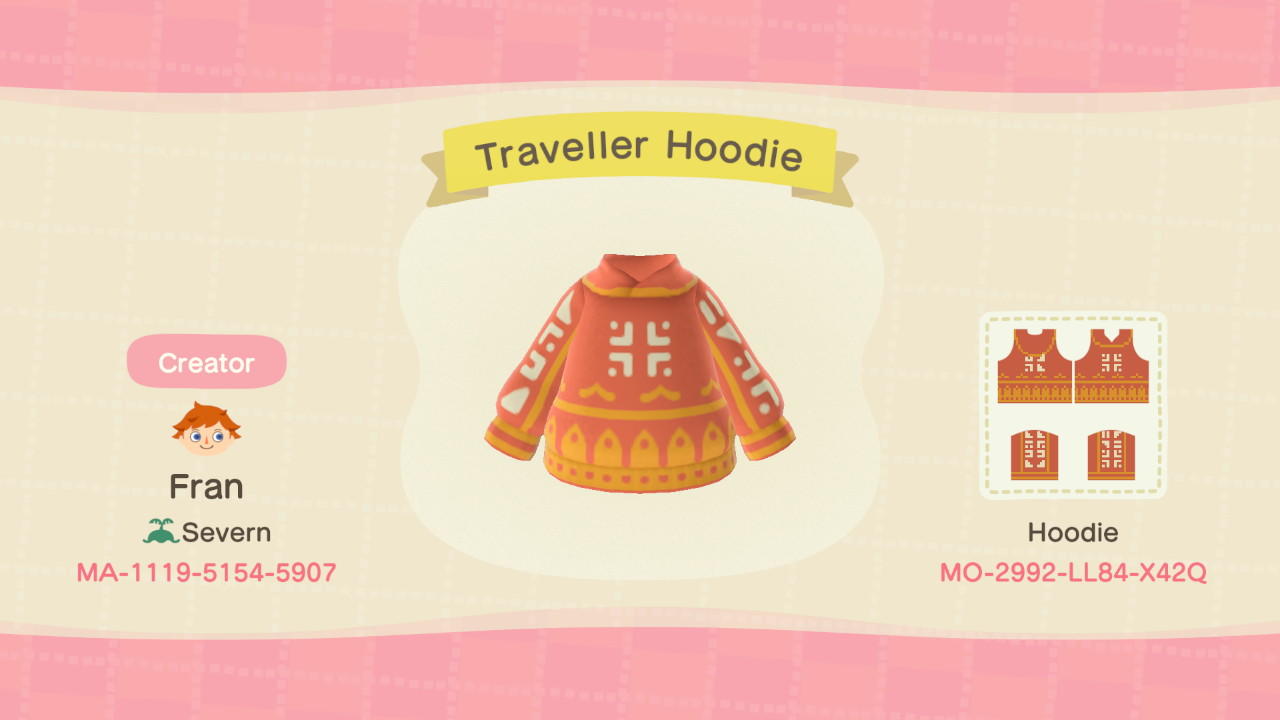 Animal Crossing Design Code: MO-2992-LL84-X42Q Traveller Hoodie