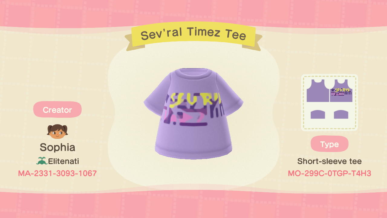 Animal Crossing Design Code: MO-299C-0TGP-T4H3 Sev'ral Timez Tee