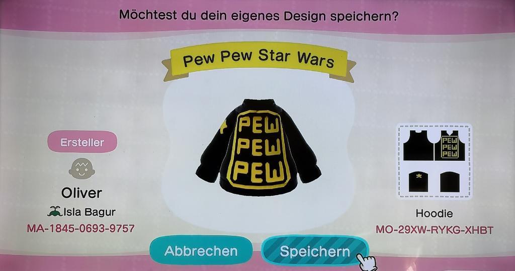 Animal Crossing Design Code: MO-29XW-RYKG-XHBT Pew pew star wars