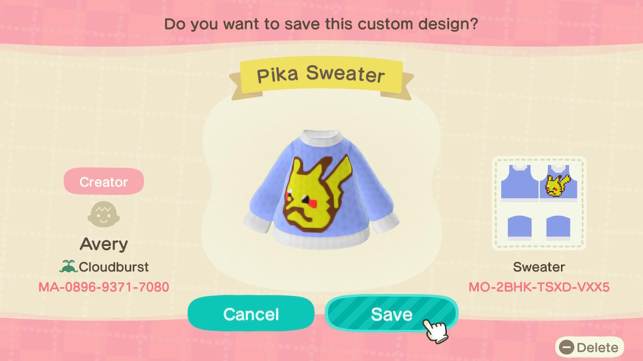 Animal Crossing Design Code: MO-2BHK-TSXD-VXX5 Pika Sweater
