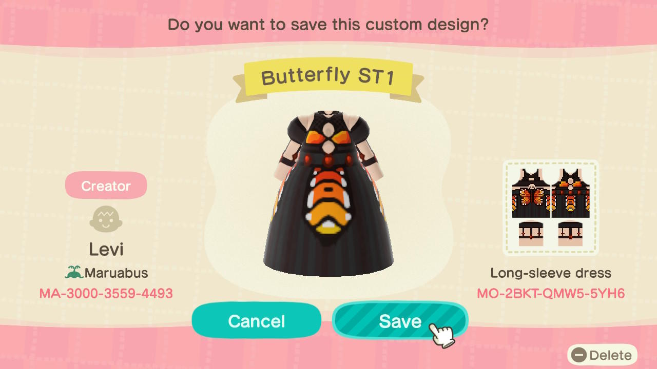 Animal Crossing Design Code: MO-2BKT-QMW5-5YH6 Butterfly SkinTone1