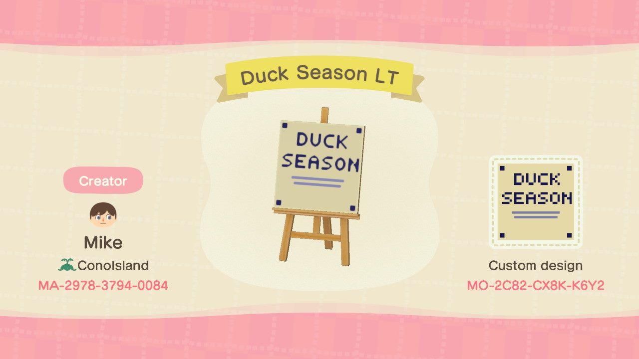 Animal Crossing Design Code: MO-2C82-CX8K-K6Y2 Duck Season LT