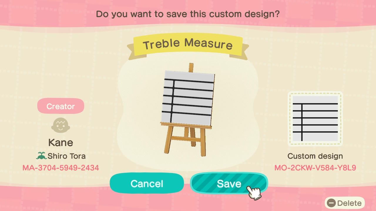 Animal Crossing Design Code: MO-2CKW-V584-Y8L9 Treble Measure