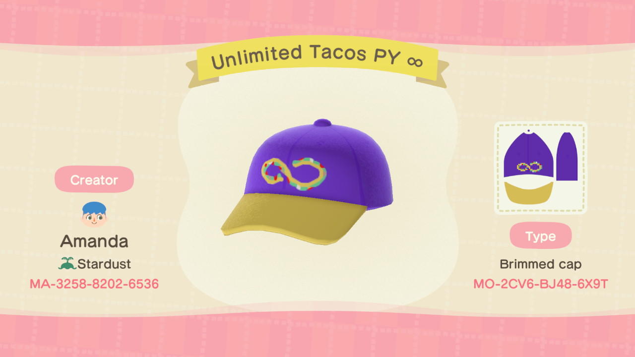 Animal Crossing Design Code: MO-2CV6-BJ48-6X9T Unlimited Tacos PY