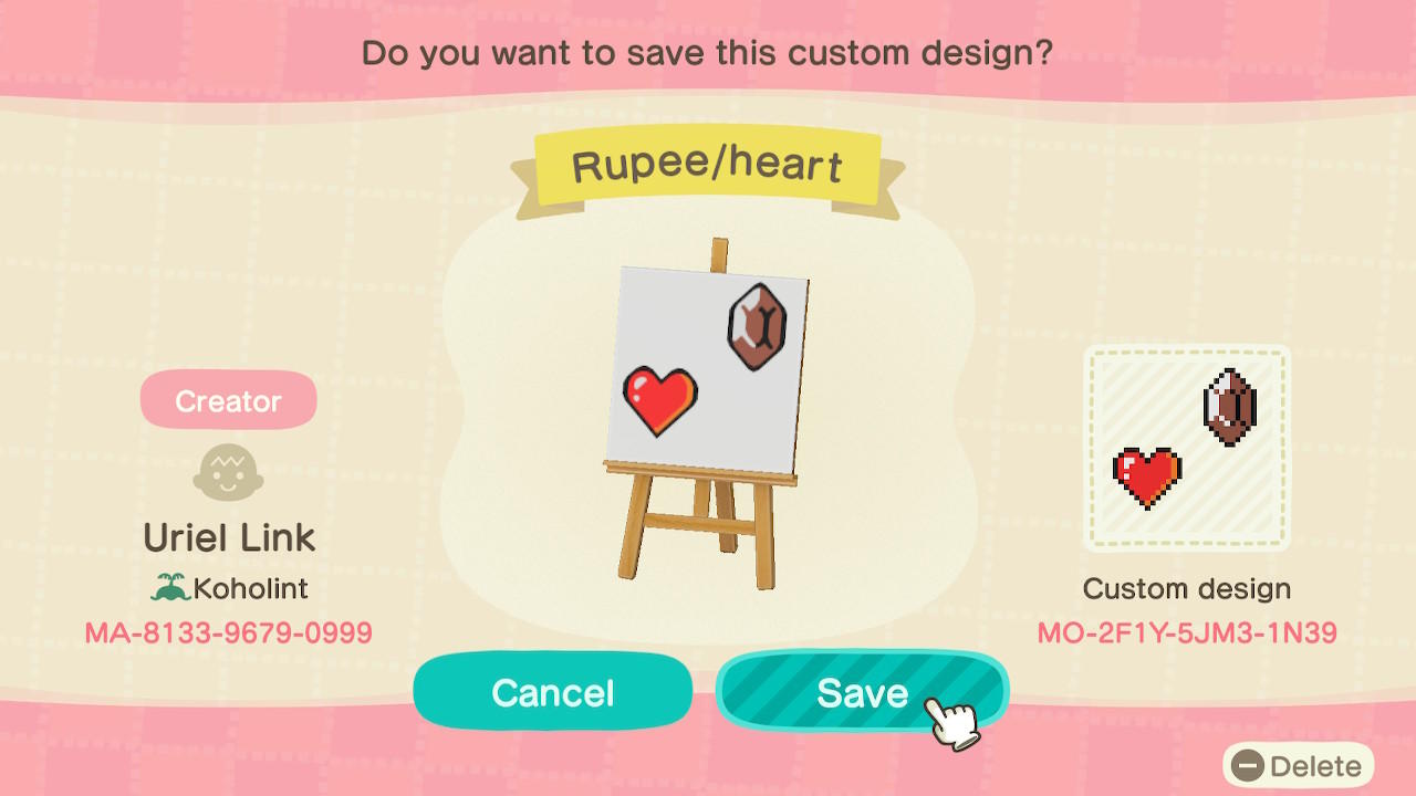 Animal Crossing Design Code: MO-2D1Y-5JM3-1N39 Rupee/Heart