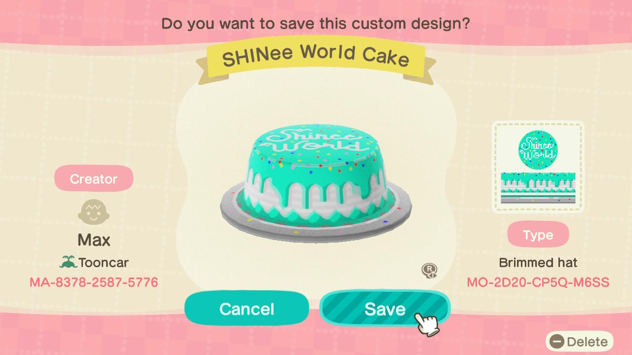 Animal Crossing Design Code: MO-2D20-CP5Q-M6SS SHINee World Cake