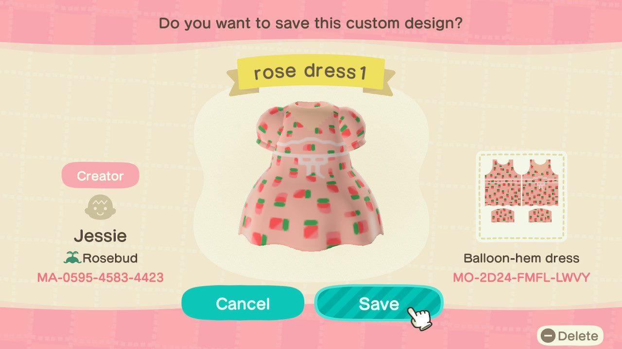 Animal Crossing Design Code: MO-2D24-FMFL-LWVY rose dress 1