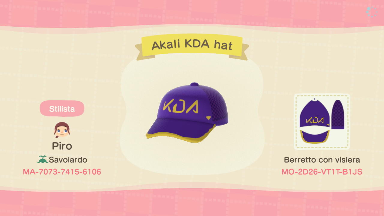Animal Crossing Design Code: MO-2D26-VT1T-B1JS Akali KDA hat