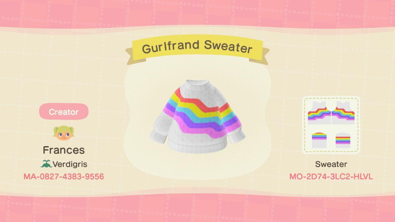 Animal Crossing Design Code: MO-2D74-3LC2-HLVL Gurlfrand Sweater