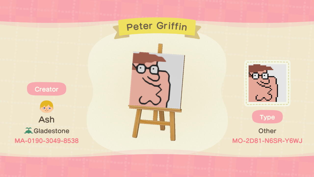 Animal Crossing Design Code: MO-2D81-N6SR-Y6WJ Peter Griffin
