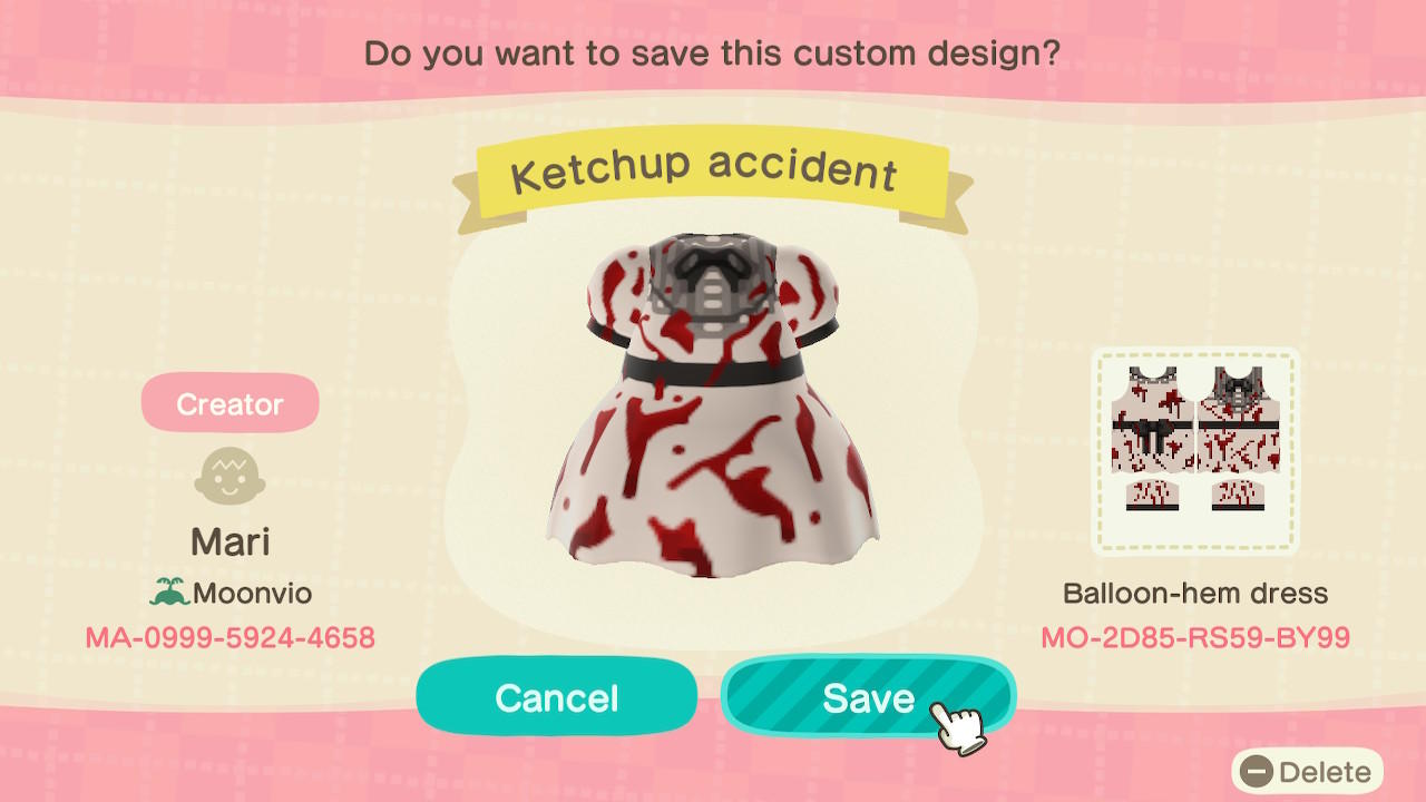 Animal Crossing Design Code: MO-2D85-RS59-BY99 Ketchup accident