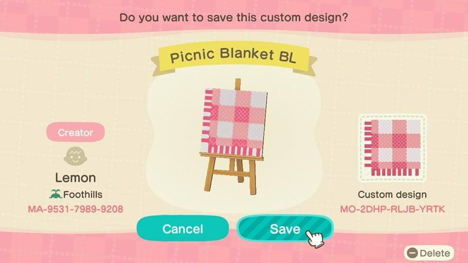 Animal Crossing Design Code: MO-2DHP-RLJB-YRTK Picnic Blanket BL