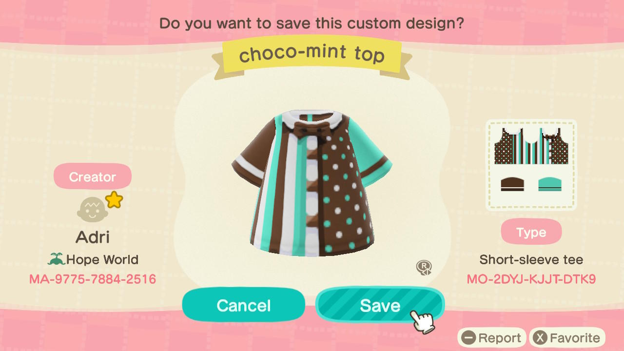 Animal Crossing Design Code: MO-2DYJ-KJJT-DTK9 Choco-Mint Top
