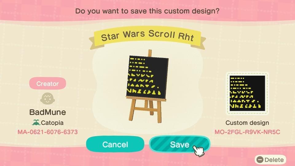 Animal Crossing Design Code: MO-2FGL-R9VK-NR5C Star Wars Scroll Rht