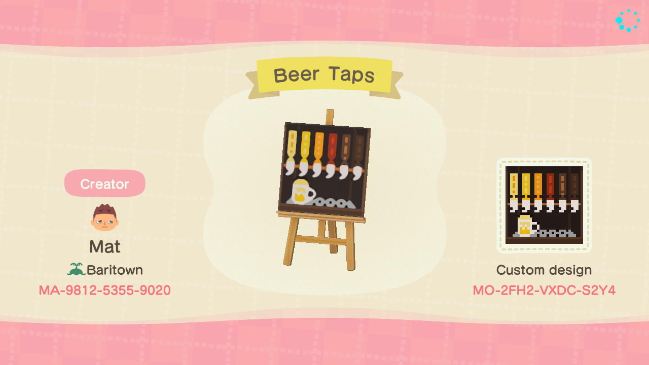 Animal Crossing Design Code: MO-2FH2-VXDC-S2Y4 Beer Taps