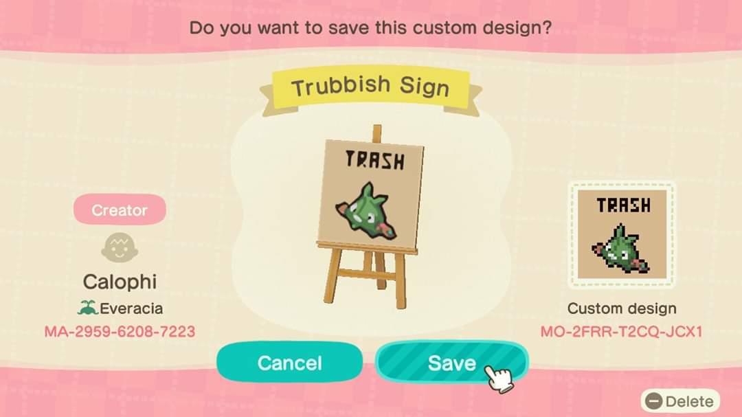 Animal Crossing Design Code: MO-2FRR-T2CQ-JCX1 Trubbish Sign