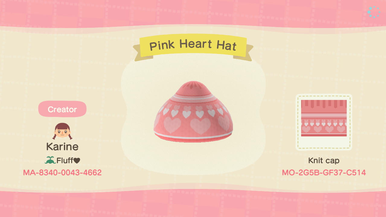 Animal Crossing Design Code: MO-2G5B-GF37-C514 Pink Heart Hat