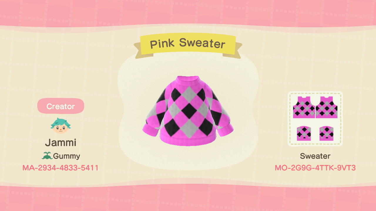 Animal Crossing Design Code: MO-2G9G-4TTK-9VT3 Pink Sweater