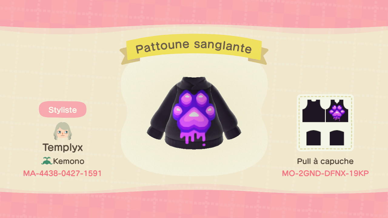 Animal Crossing Design Code: MO-2GND-DFNX-19KP Pattoune sanglante