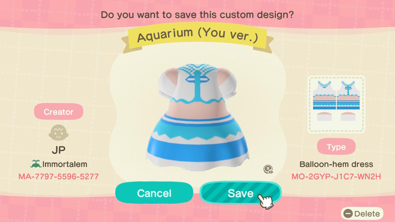 Animal Crossing Design Code: MO-2GYP-J1C7-WN2H Aquarium (You ver.)