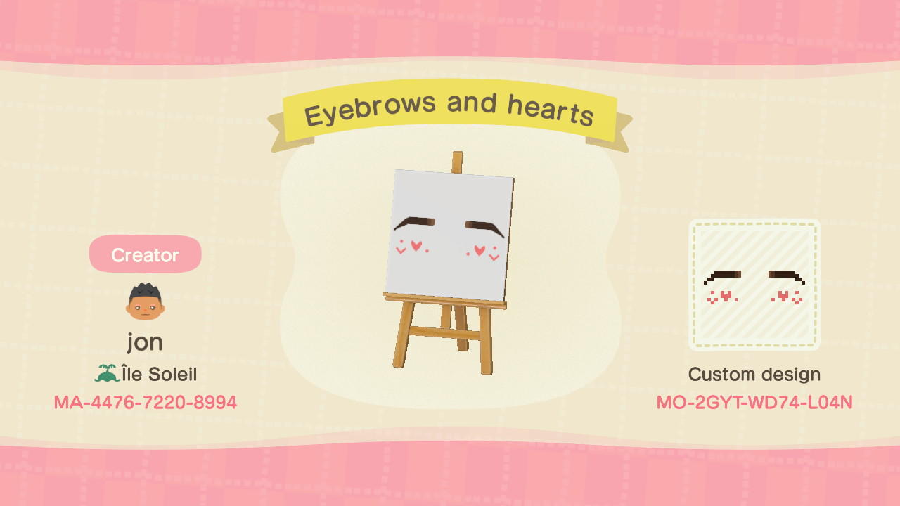 Animal Crossing Design Code: MO-2GYT-WD74-L04N Eyebrows and hearts