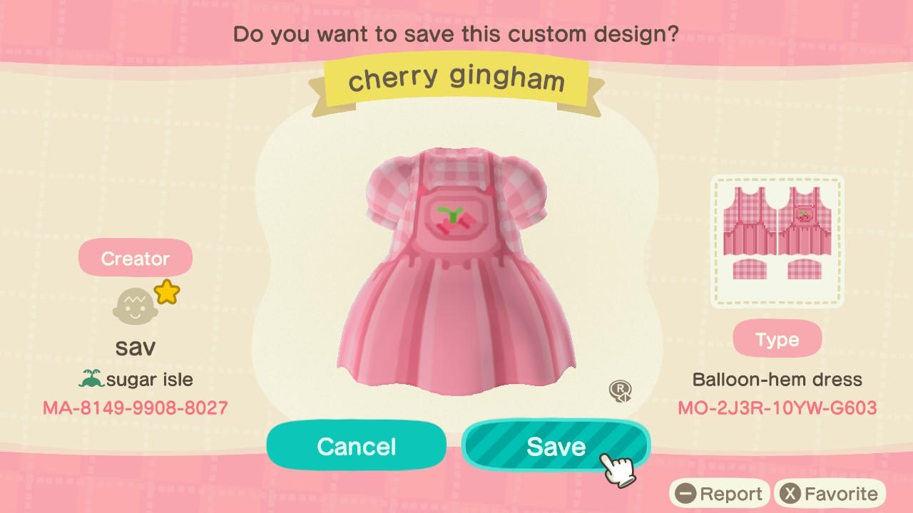 Animal Crossing Design Code: MO-2J3R-10YW-G603 Cherry Gingham
