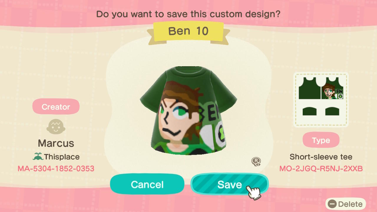 Animal Crossing Design Code: MO-2JGQ-R5NJ-2XXB Ben 10 Ben Tennyson