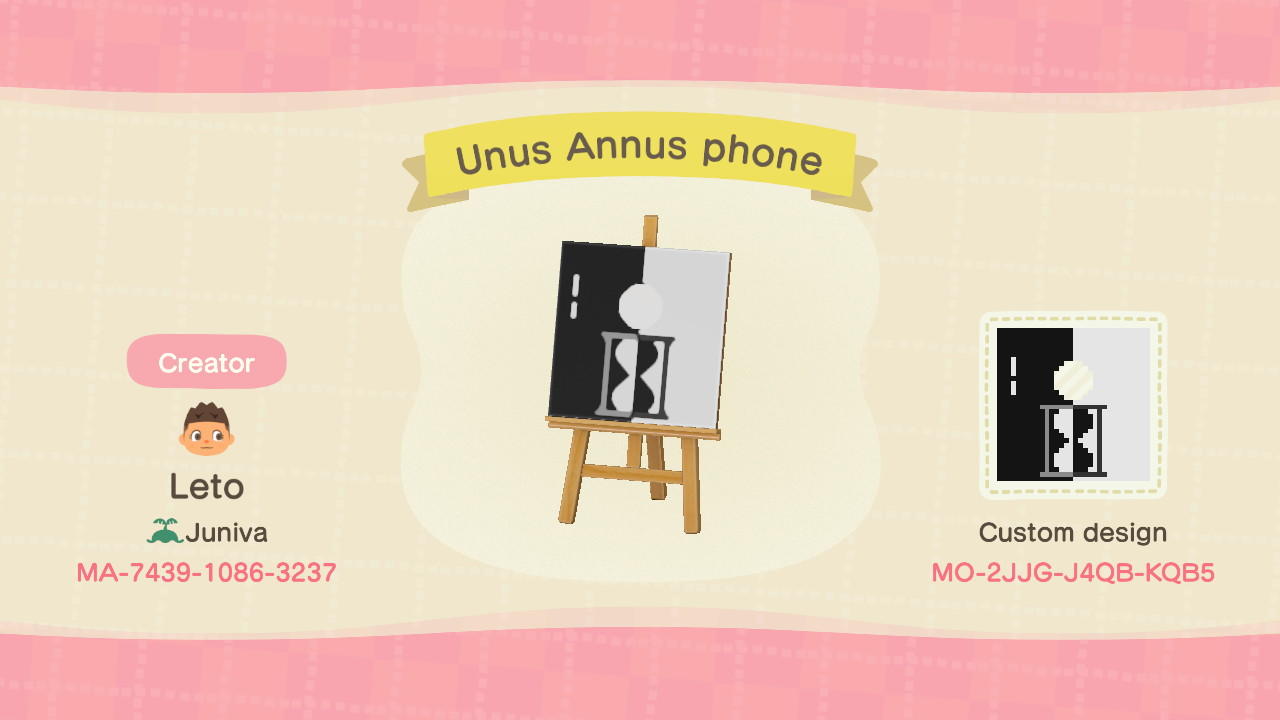Animal Crossing Design Code: MO-2JJG-J4QB-KQB5 Unus Annus phone