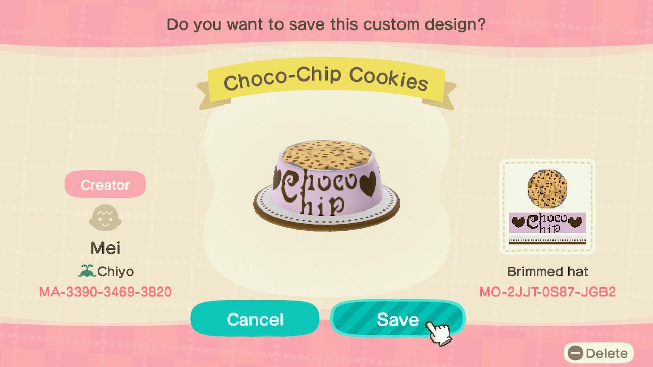 Animal Crossing Design Code: MO-2JJT-0S87-JGB2 Choco-Chip Cookies