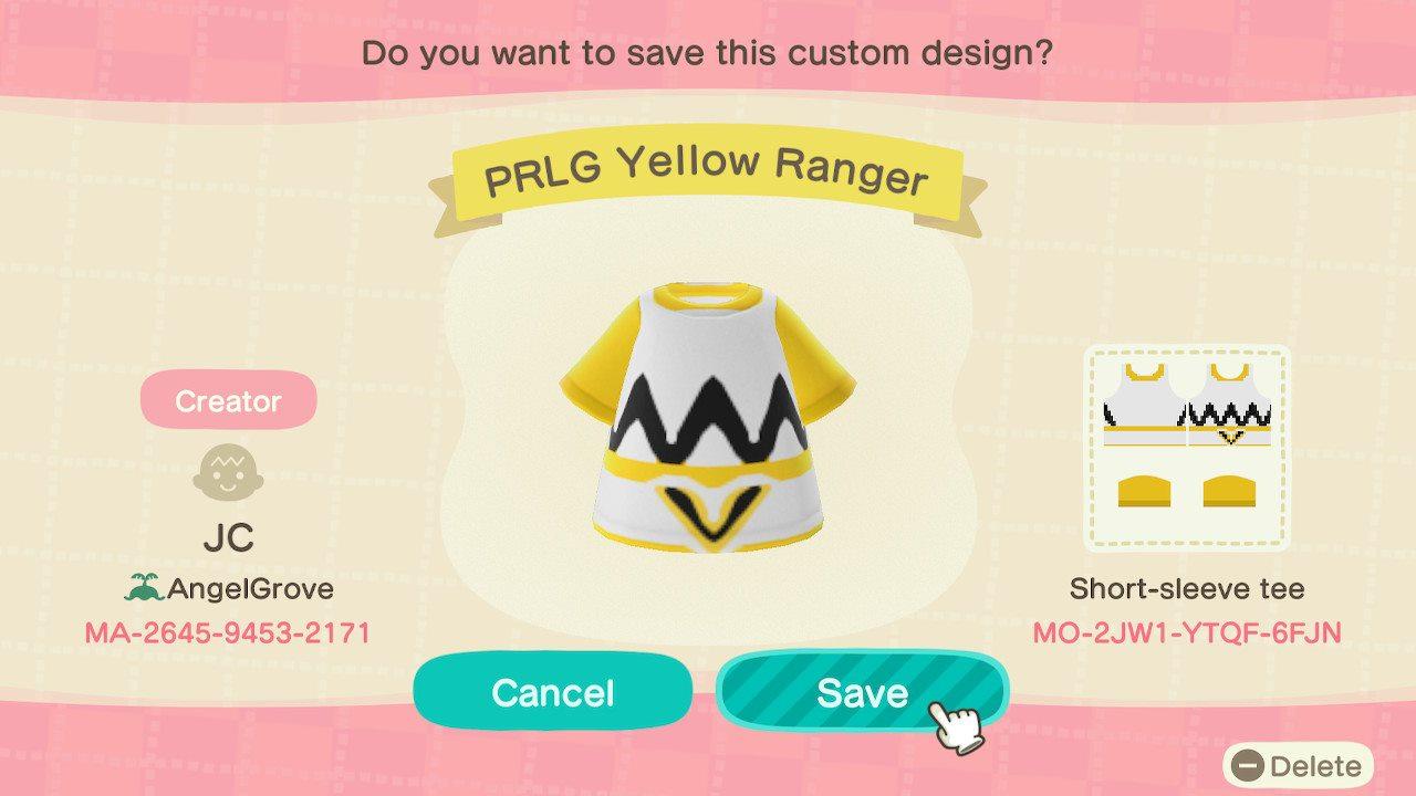 Animal Crossing Design Code: MO-2JW1-YTQF-6FJN PRLG Yellow Ranger