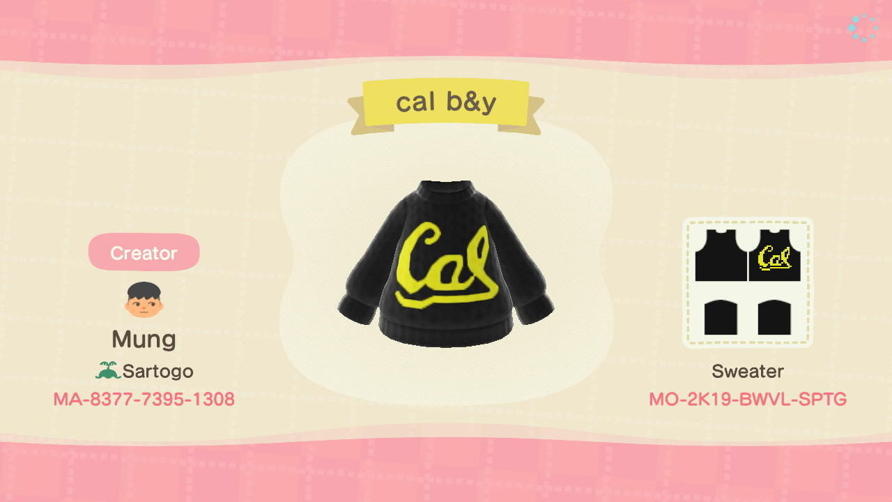 Animal Crossing Design Code: MO-2K19-BWVL-SPTG Cal UC Berkeley b&y
