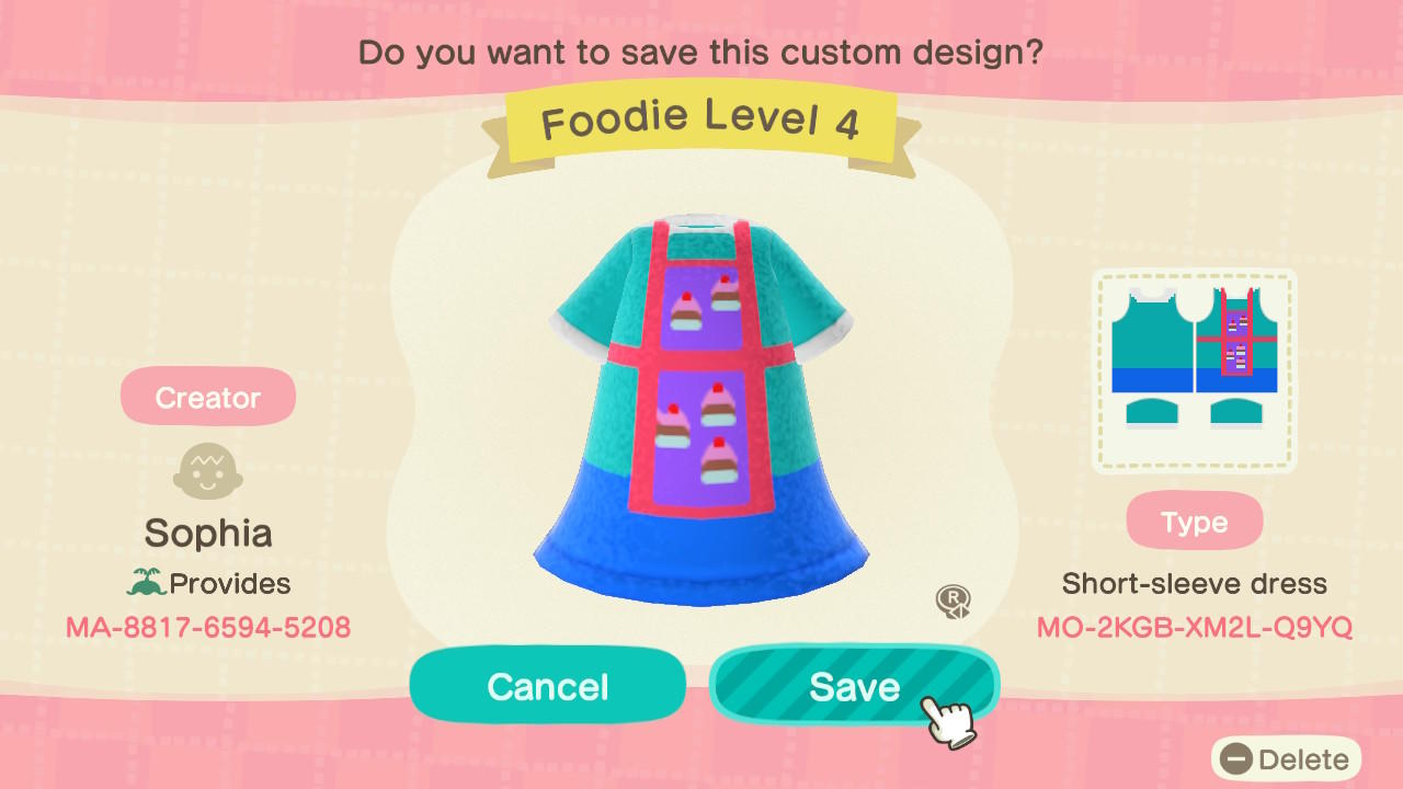 Animal Crossing Design Code: MO-2KGB-XM2L-Q9YQ Foodie Level 4