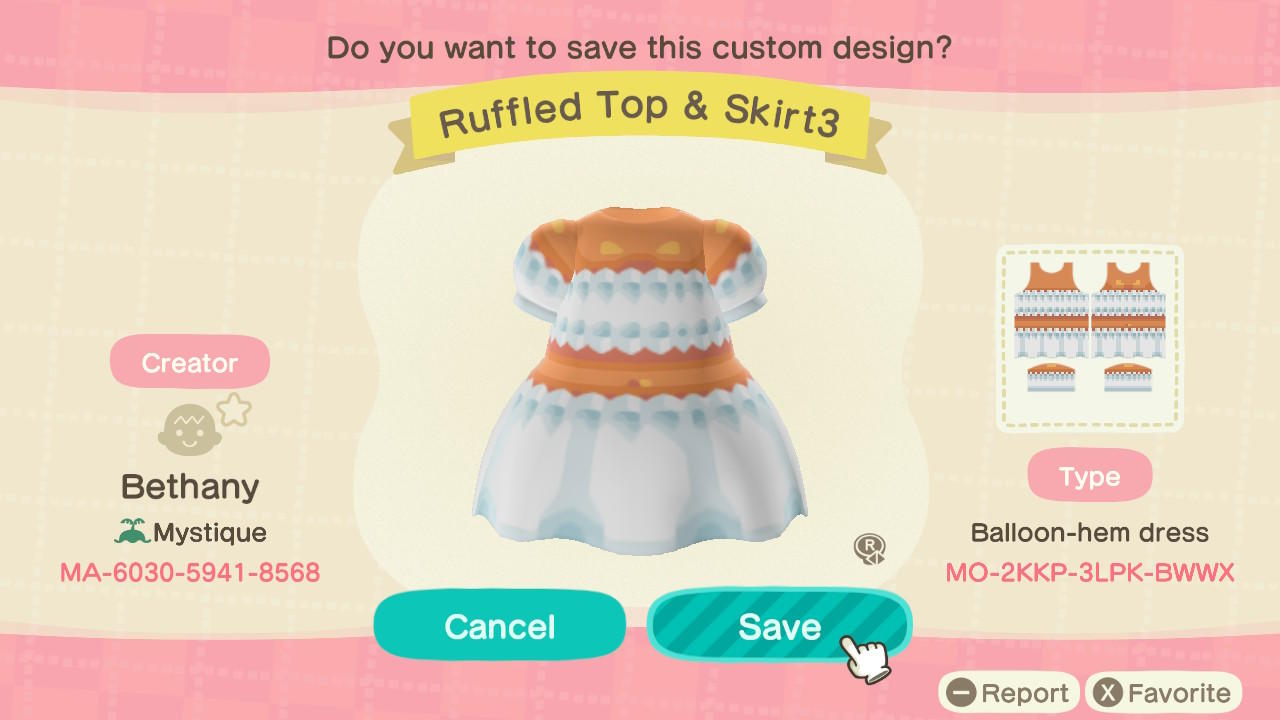 Animal Crossing Design Code: MO-2KKP-3LPK-BWWX Ruffled Top & Skirt3