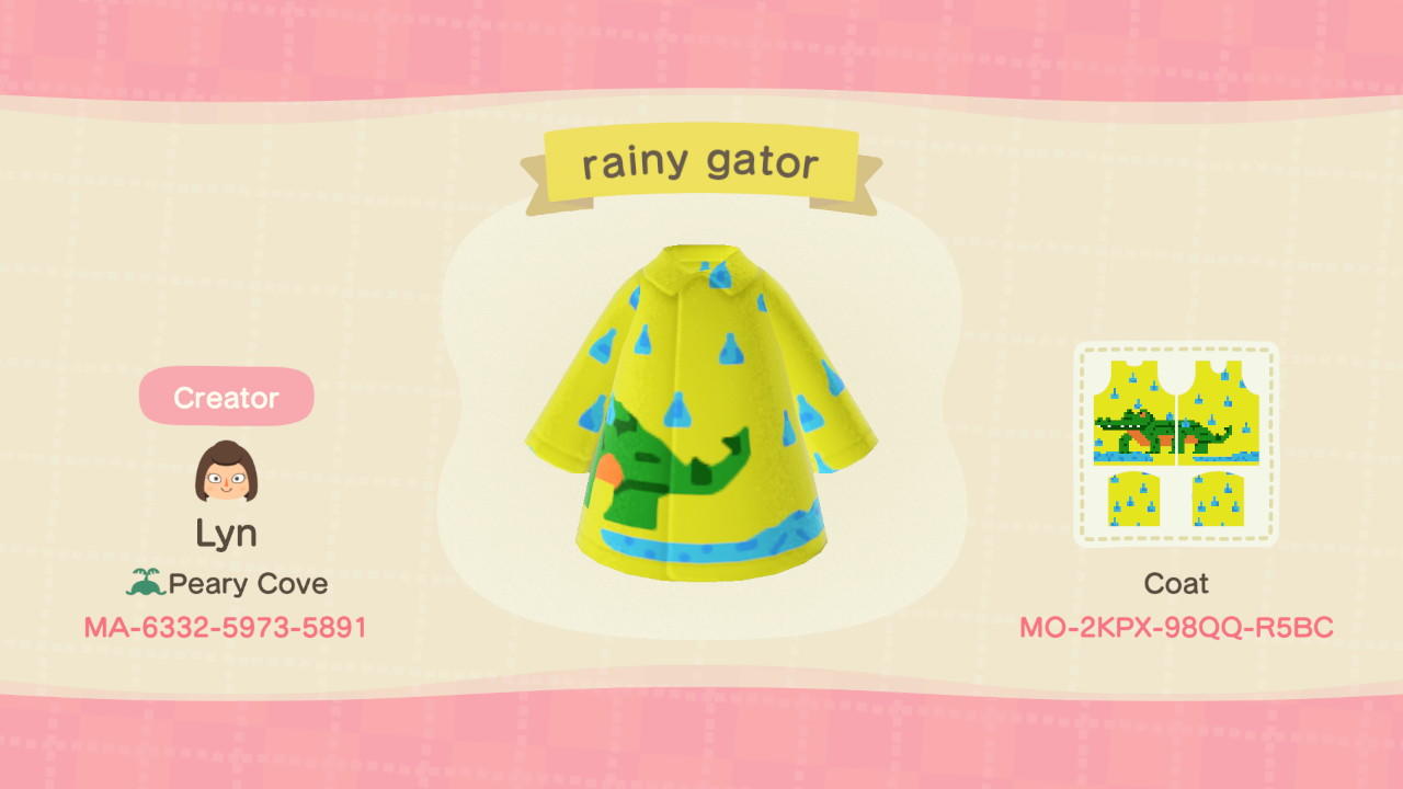 Animal Crossing Design Code: MO-2KPC-98QQ-R5BC Rainy gator