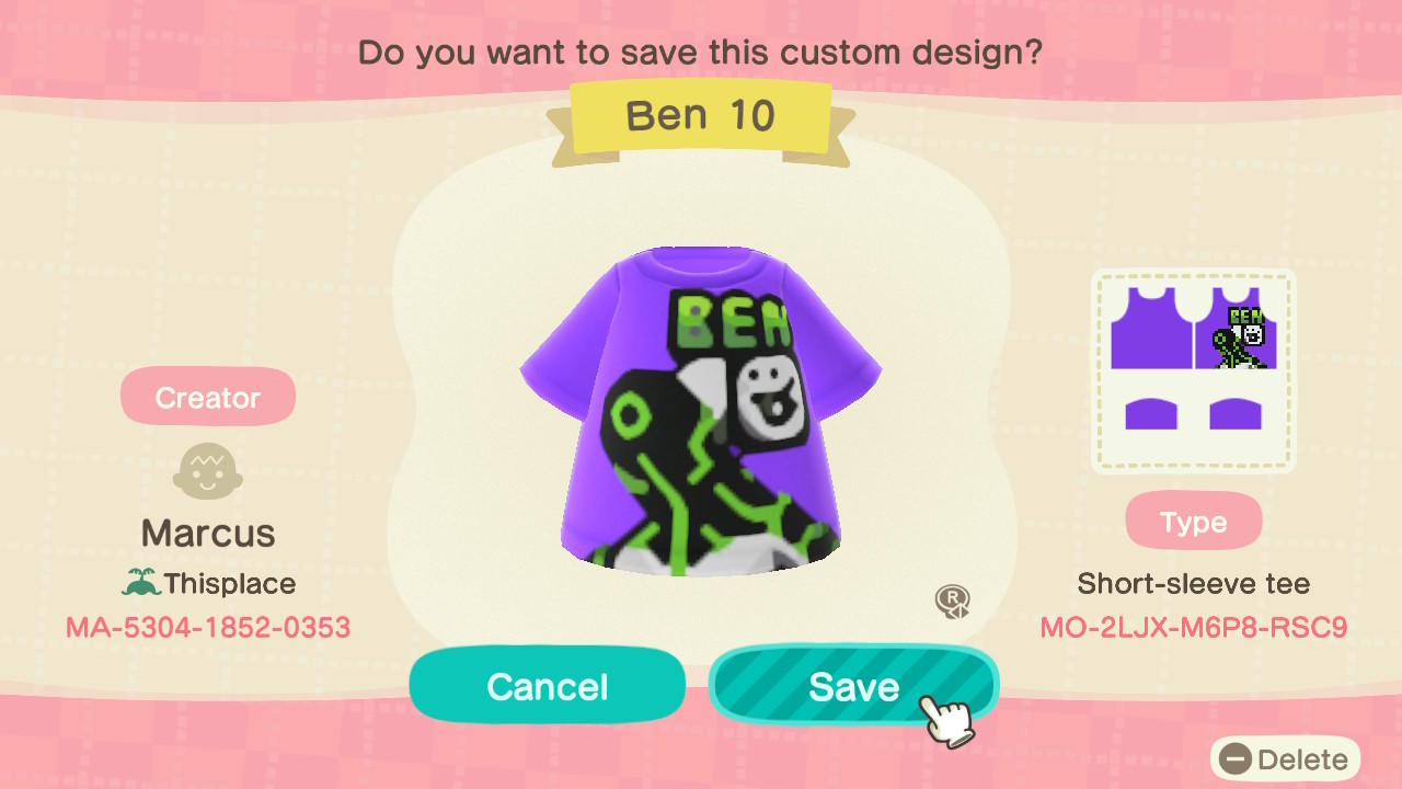 Animal Crossing Design Code: MO-2LJX-M6P8-RSC9 Ben 10 Upgrade