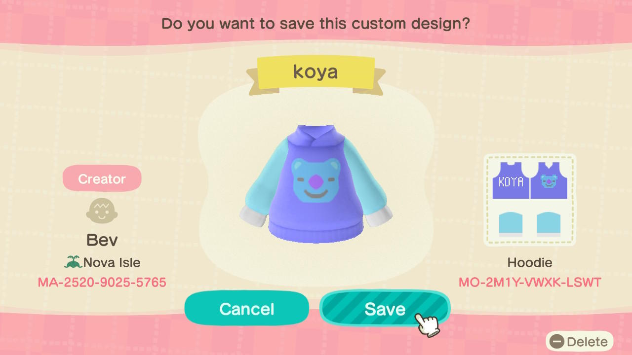 Animal Crossing Design Code: MO-2M1Y-VWXK-LSWT Koya
