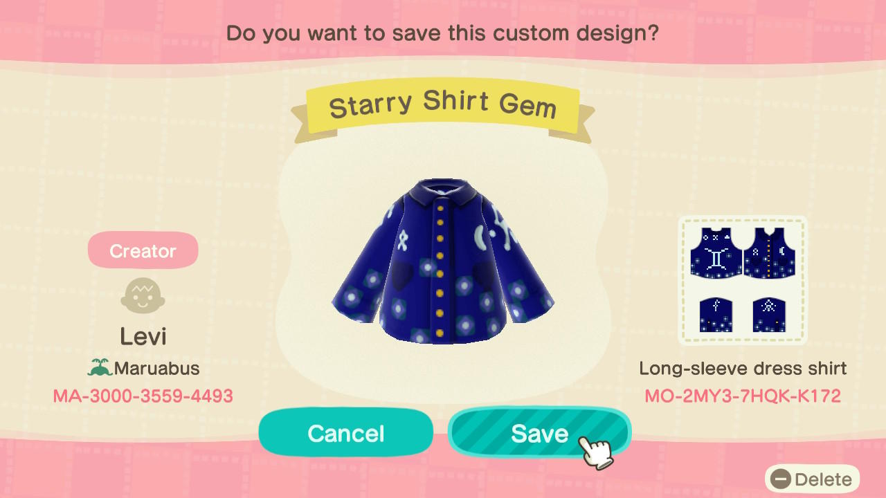 Animal Crossing Design Code: MO-2MY3-7HQK-K172 Starry Shirt Gemini