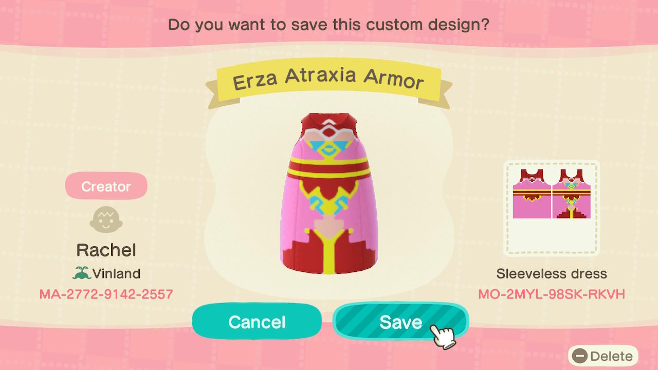 Animal Crossing Design Code: MO-2MYL-98SK-RKVH Erza Atraxia Armor