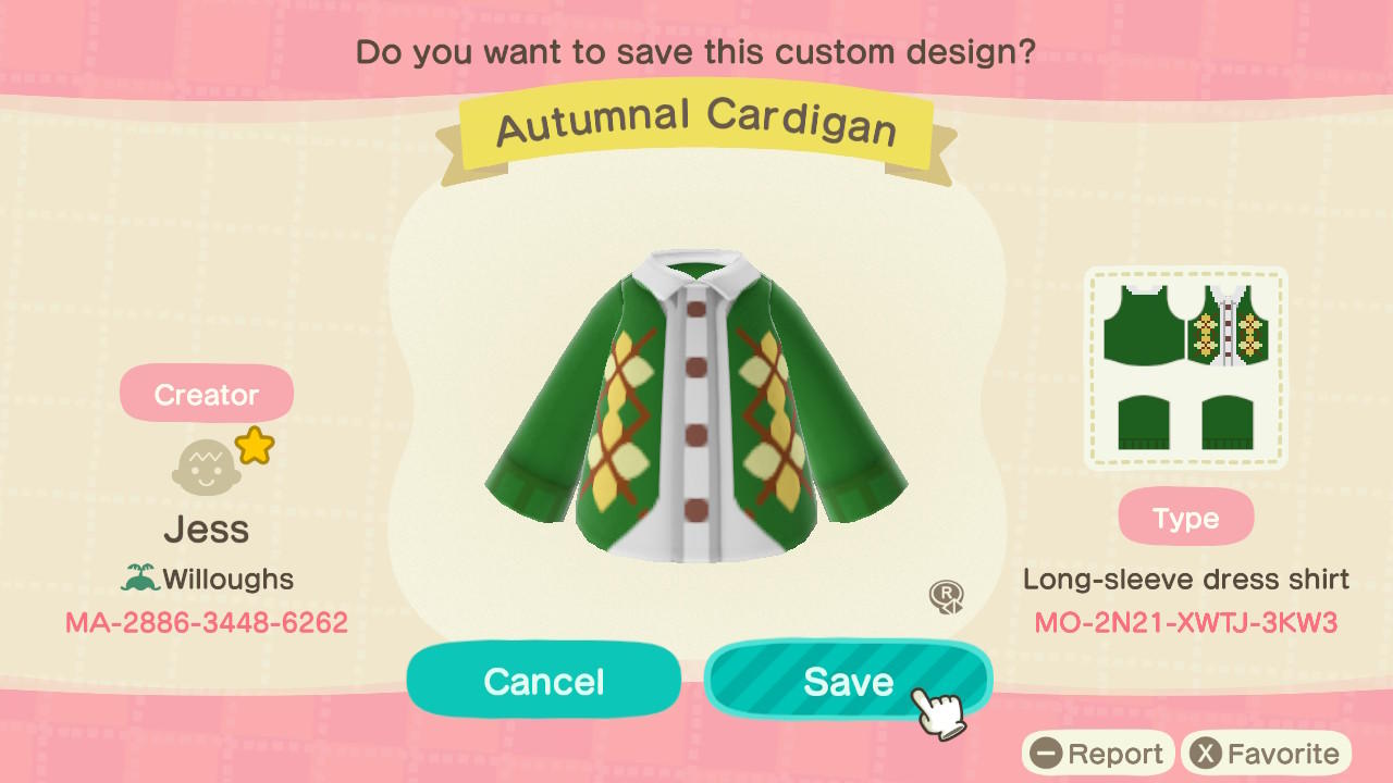 Animal Crossing Design Code: MO-2N21-XWTJ-3KW3 Autumnal Cardigan