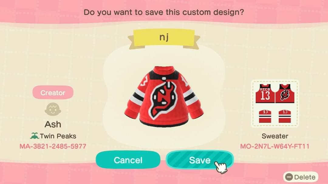 Animal Crossing Design Code: MO-2N7L-W64Y-FT11 NJ Devils Jersey #13