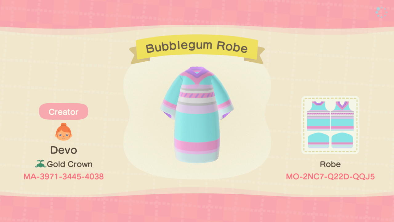 Animal Crossing Design Code: MO-2NC7-Q22D-QQJ5 Bubblegum Robe