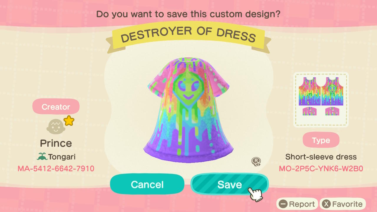 Animal Crossing Design Code: MO-2P5C-YNK6-W2B0 Destroyer of Dress
