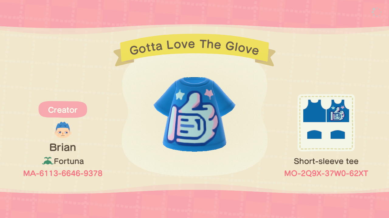 Animal Crossing Design Code: MO-2Q9X-37W0-62XT Gotta Love The Glove